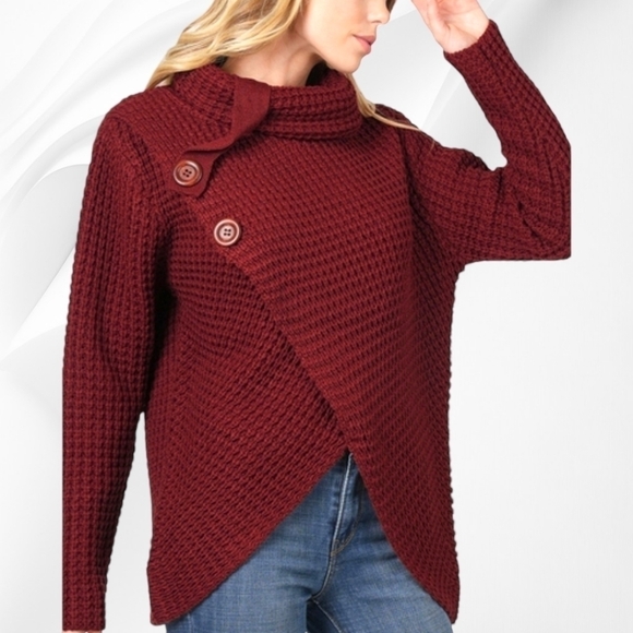 Zenana Outfitters Sweaters - Zenana - Wrap Asymmetrical Hem Sweater - Burgundy